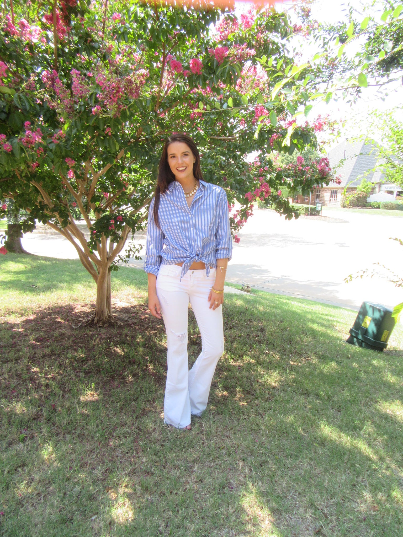 SCHOOL TIES Stripe Tie Bottom Button Down Top