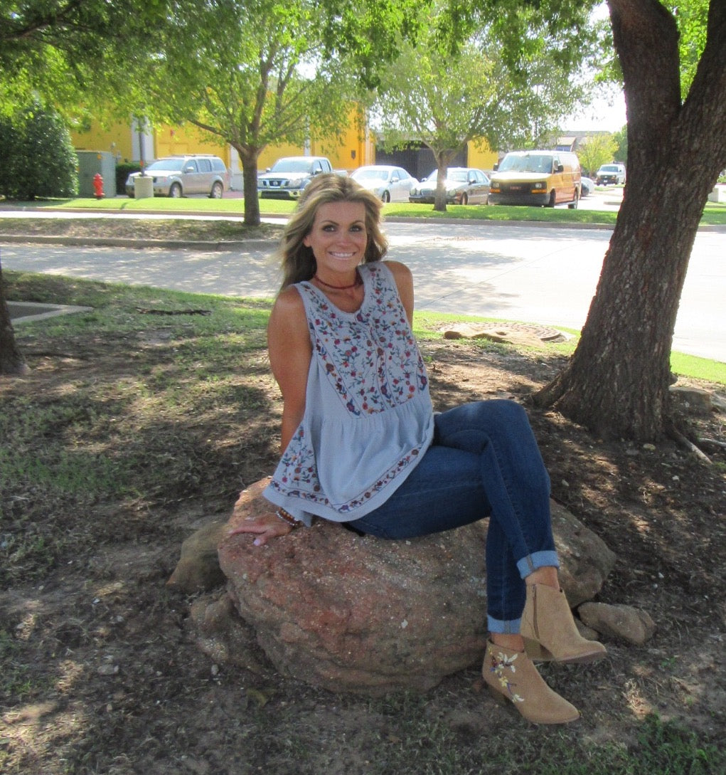 ALYSSUM Floral Embroidered Babydoll Tank Top