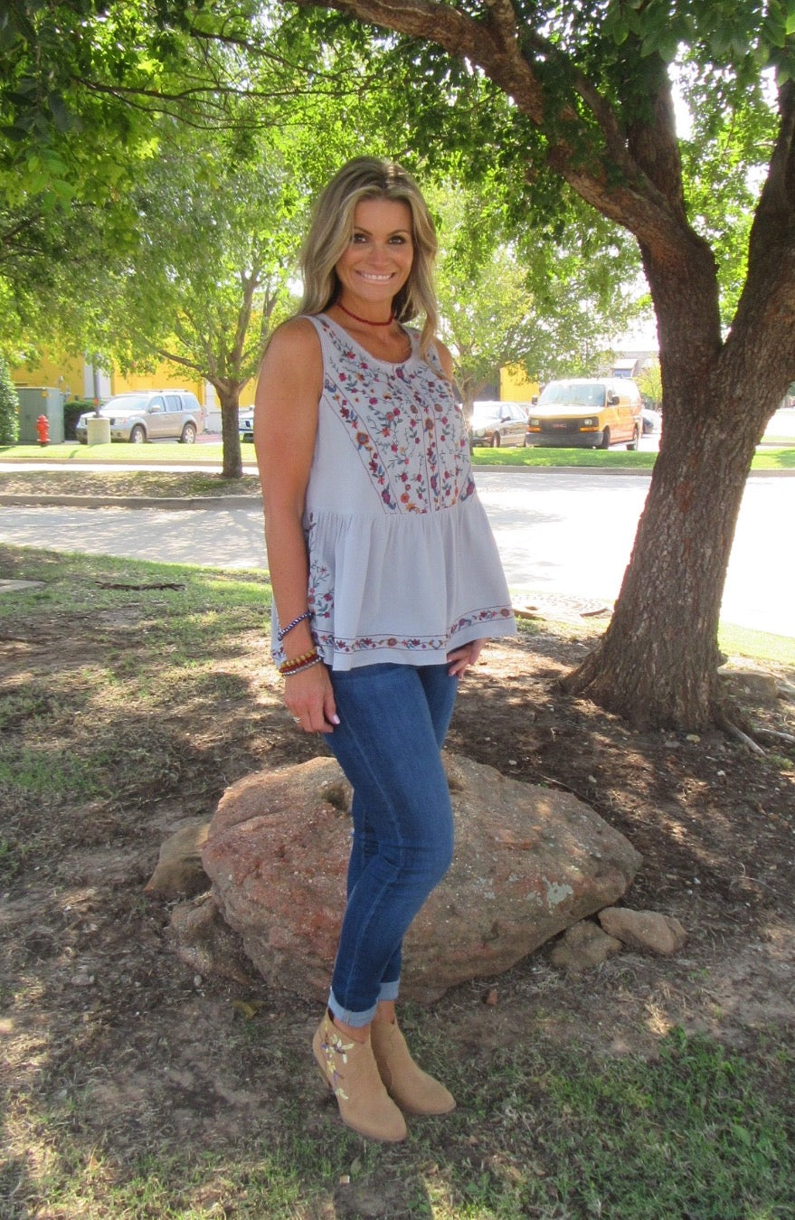 ALYSSUM Floral Embroidered Babydoll Tank Top