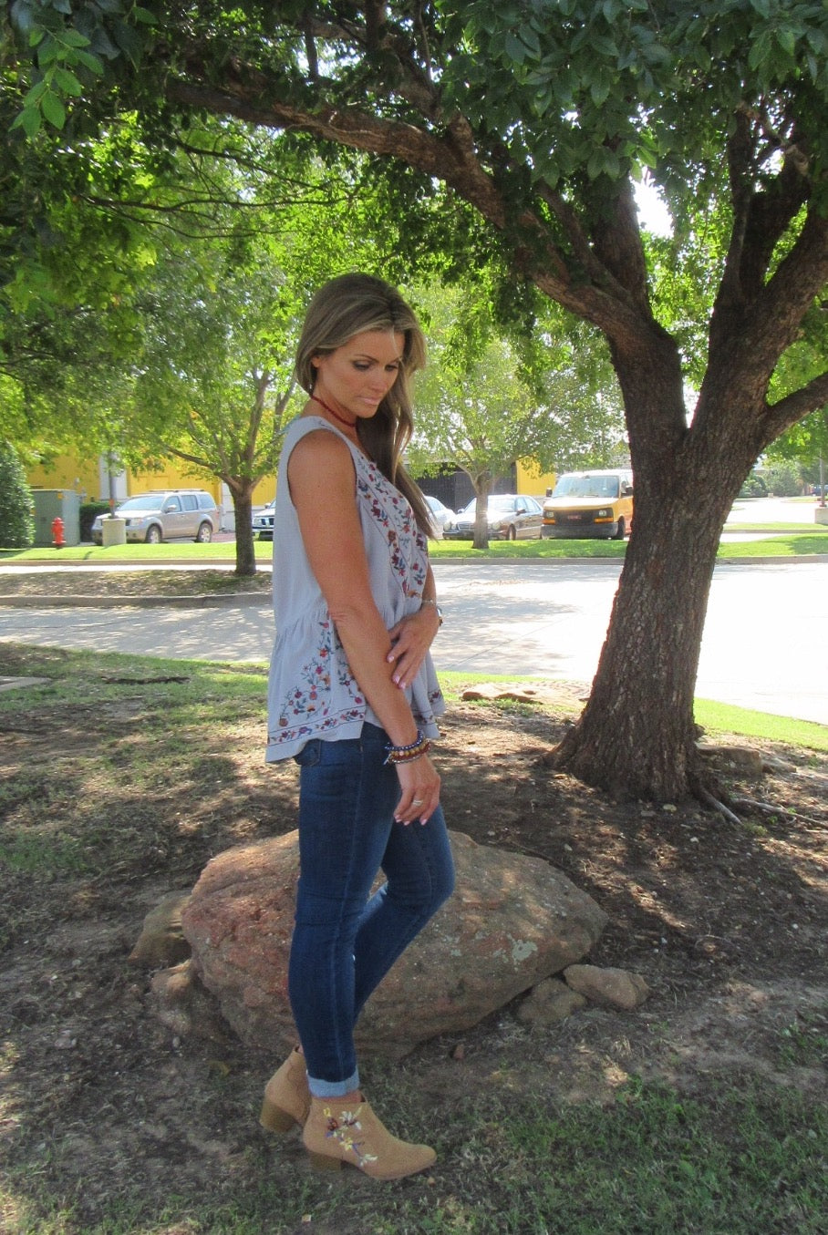 ALYSSUM Floral Embroidered Babydoll Tank Top