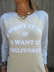 WILDFOX COUTURE Tawny I WANT IT DELIVERED Rebel Raglan Tee Top