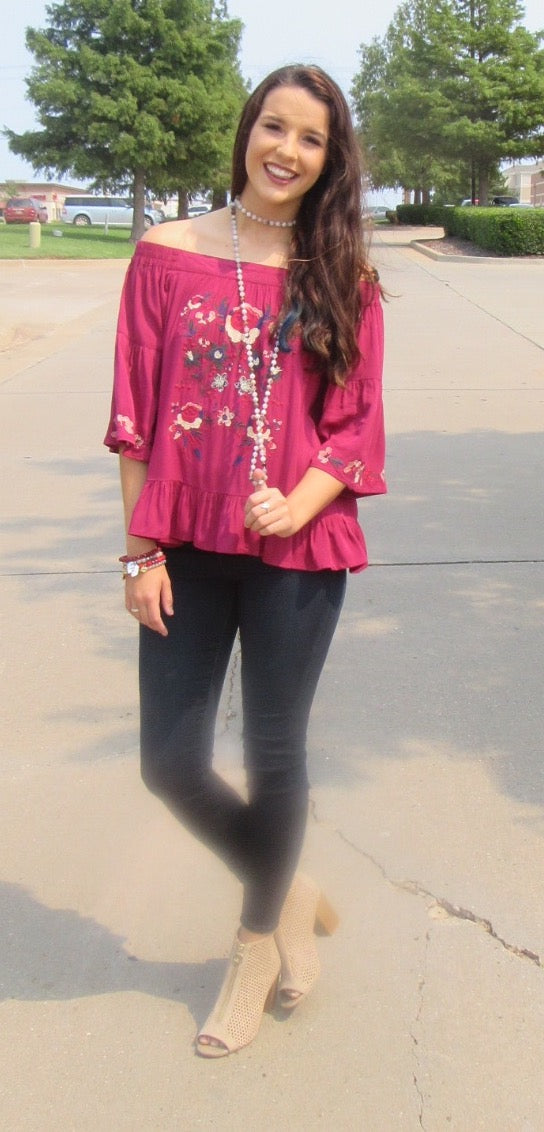 BRIGHT SIDE Embroidered Floral OffShoulder RuffleHem Top