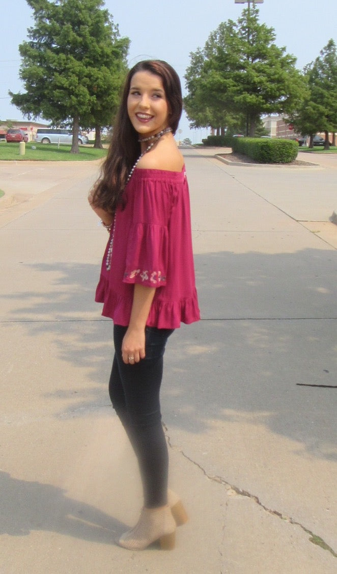 BRIGHT SIDE Embroidered Floral OffShoulder RuffleHem Top