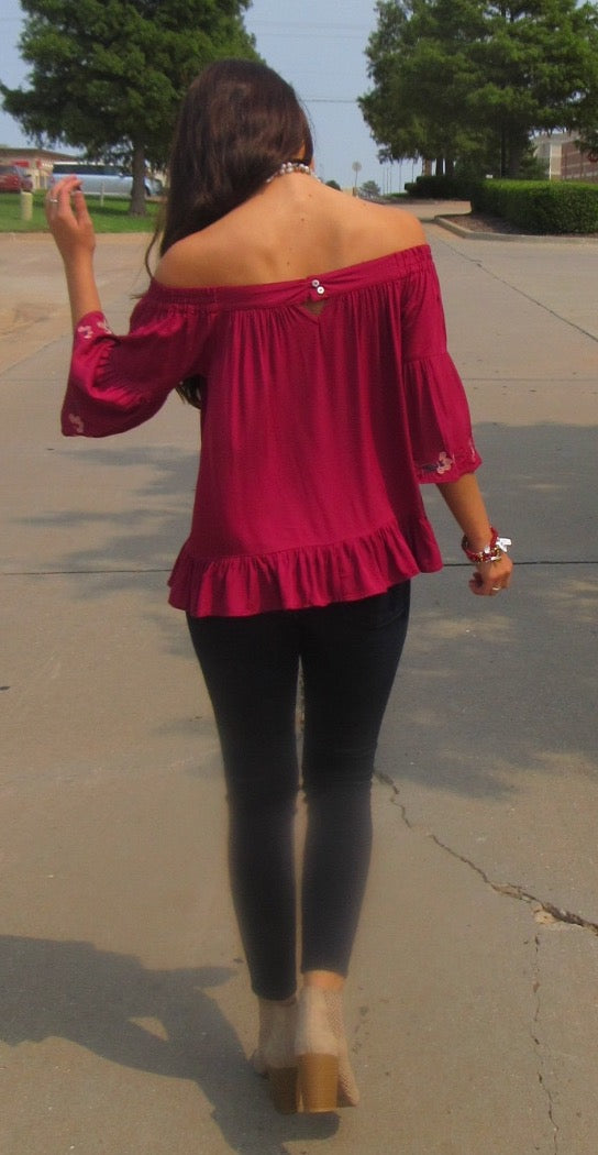 BRIGHT SIDE Embroidered Floral OffShoulder RuffleHem Top