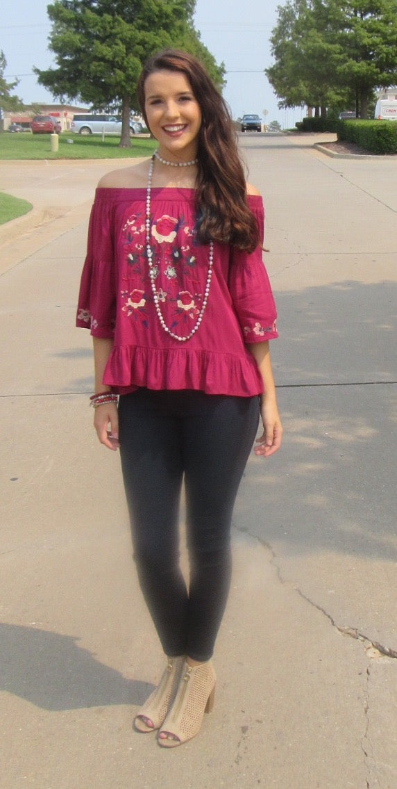 BRIGHT SIDE Embroidered Floral OffShoulder RuffleHem Top