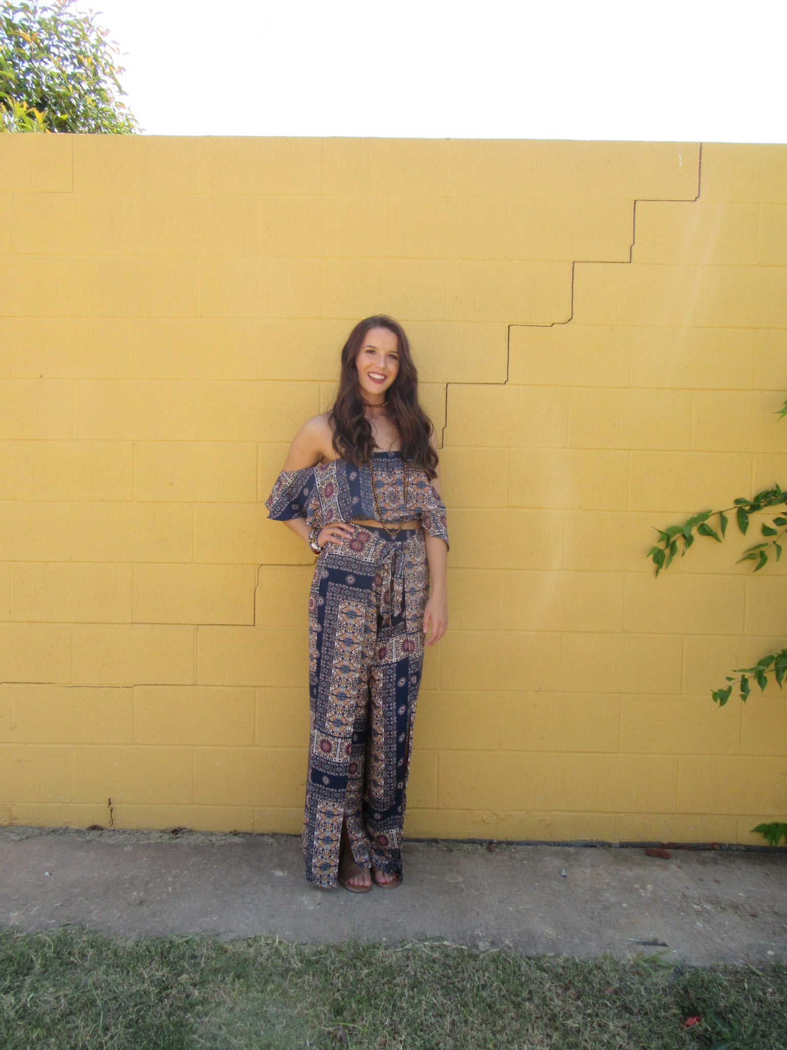 REDEMPTION 2pc Tile Print OffShoulder CropTop/Pant Set