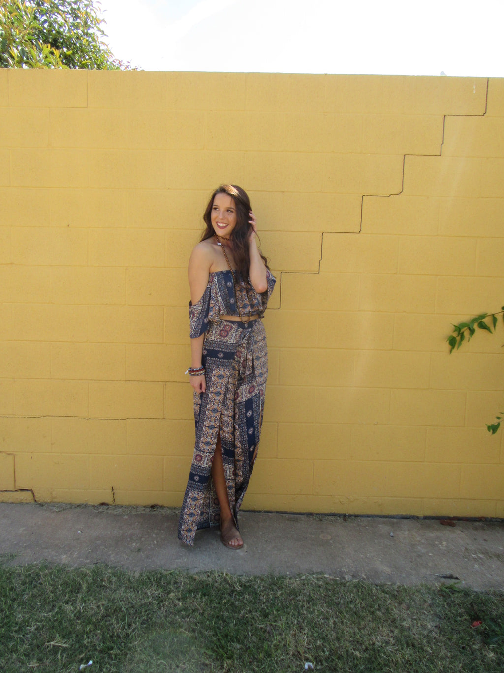 REDEMPTION 2pc Tile Print OffShoulder CropTop/Pant Set