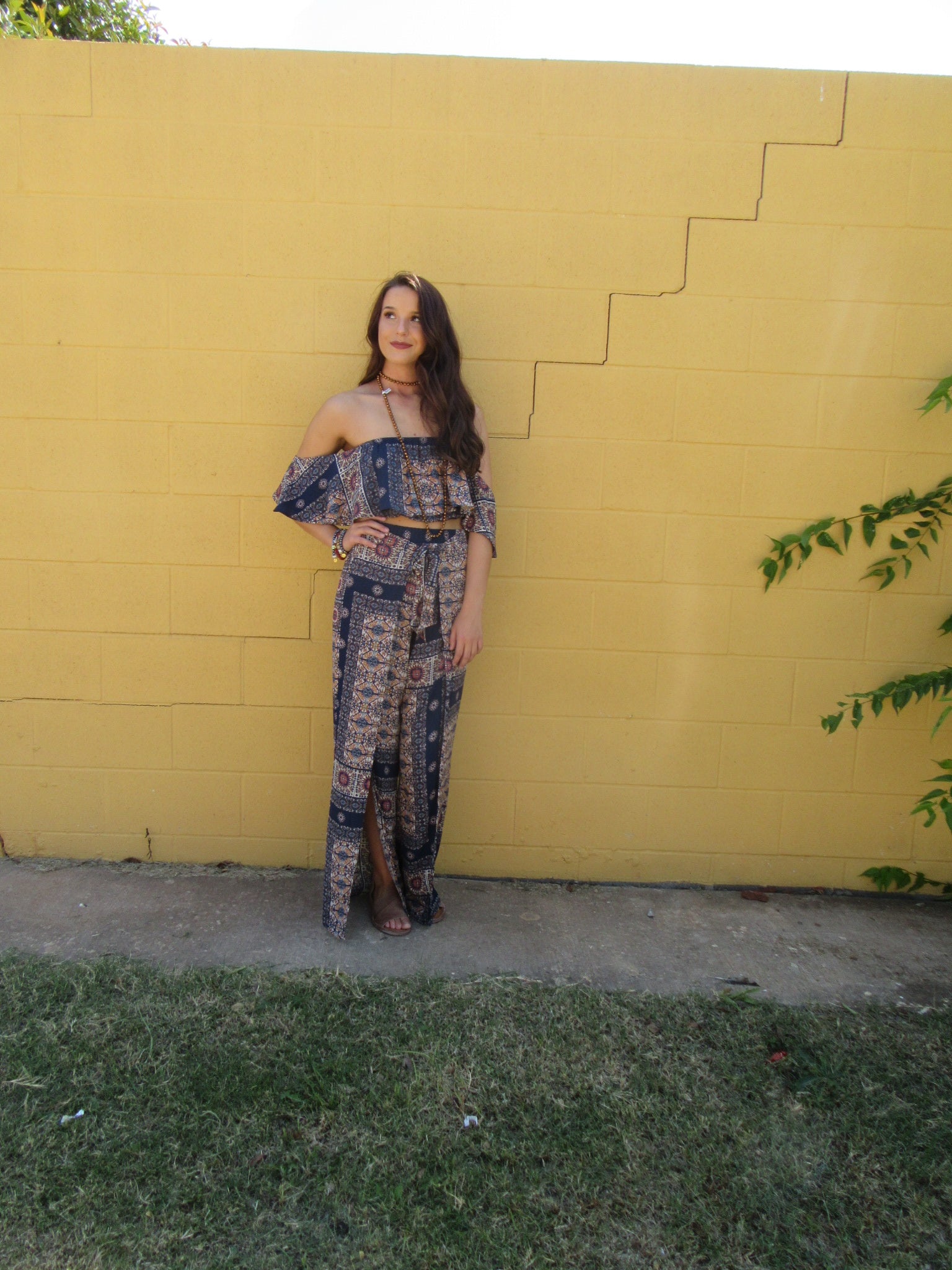 REDEMPTION 2pc Tile Print OffShoulder CropTop/Pant Set