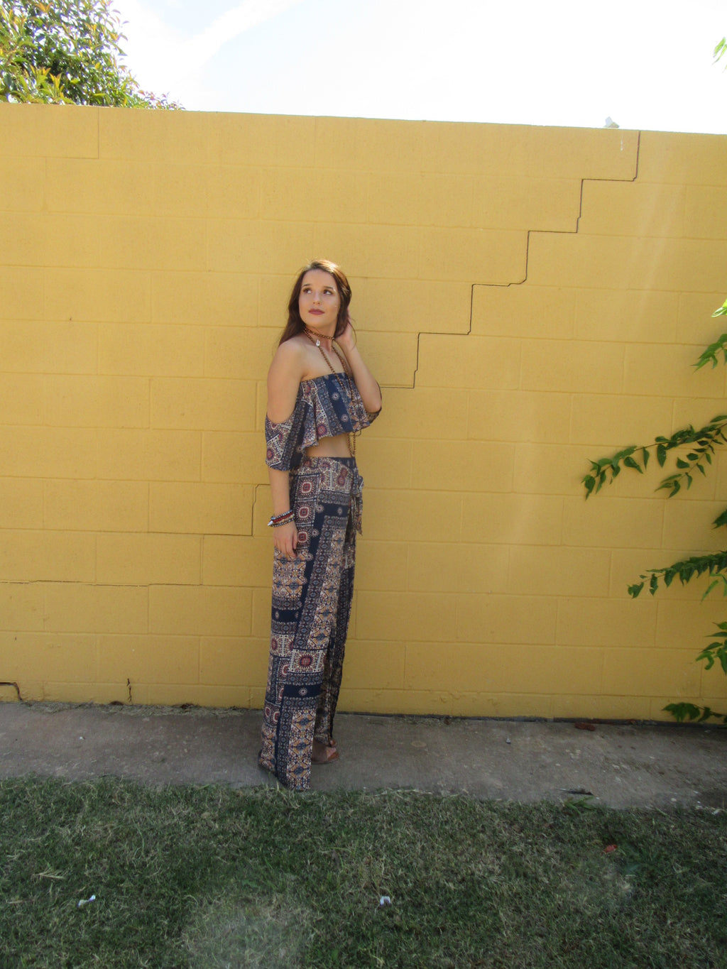 REDEMPTION 2pc Tile Print OffShoulder CropTop/Pant Set