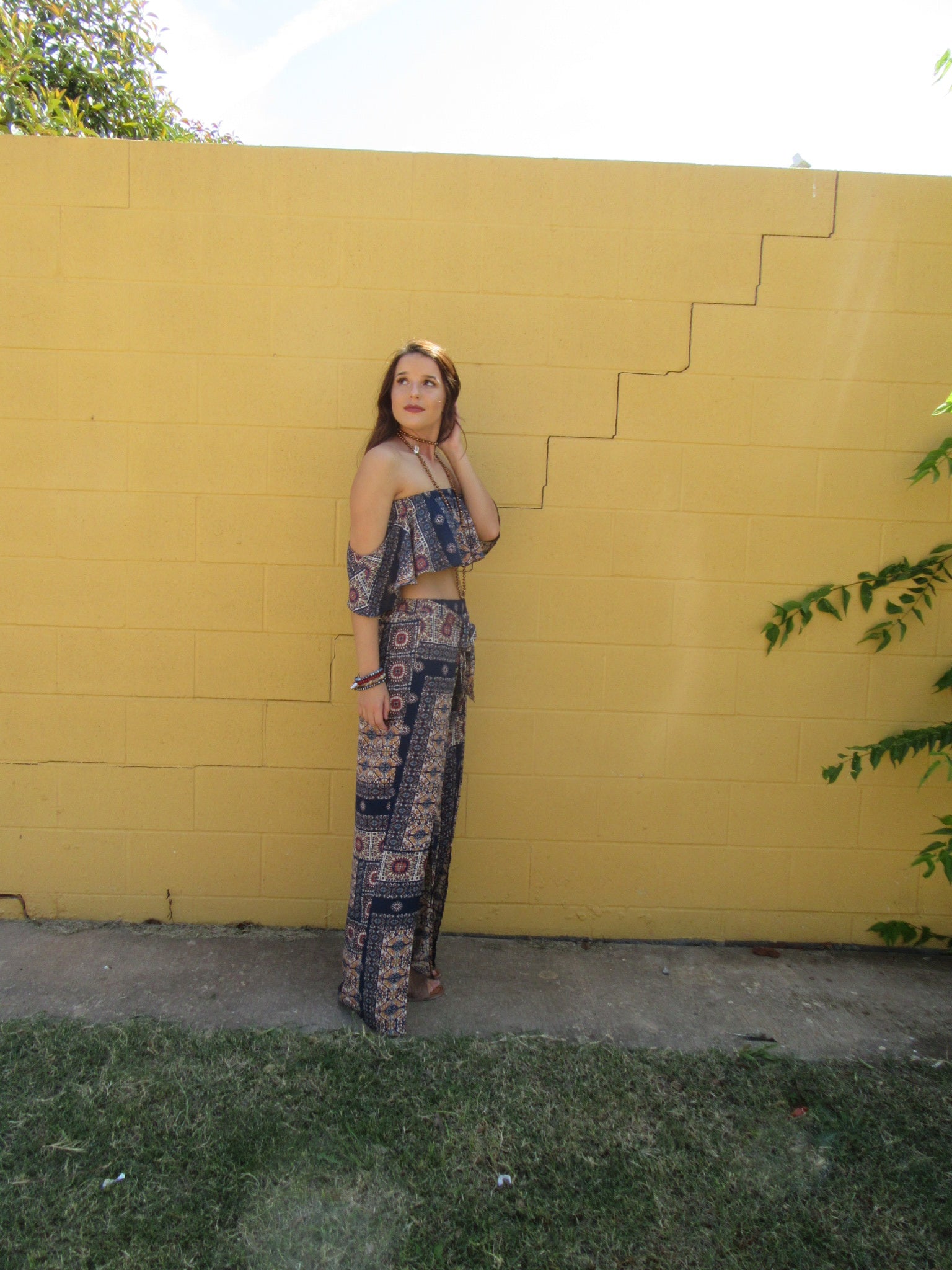 REDEMPTION 2pc Tile Print OffShoulder CropTop/Pant Set