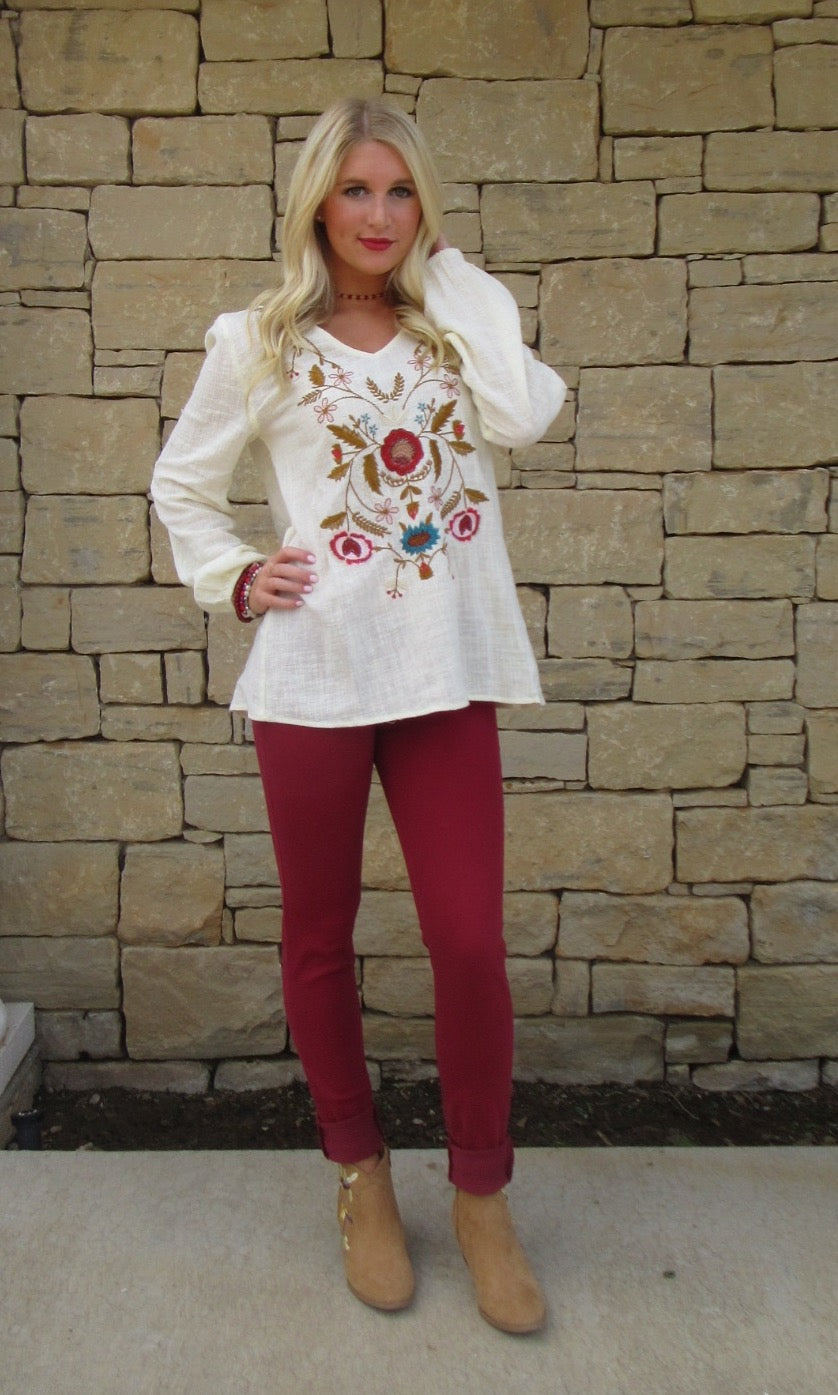 MADRID Embroidered Floral V-Neck Gauze Top