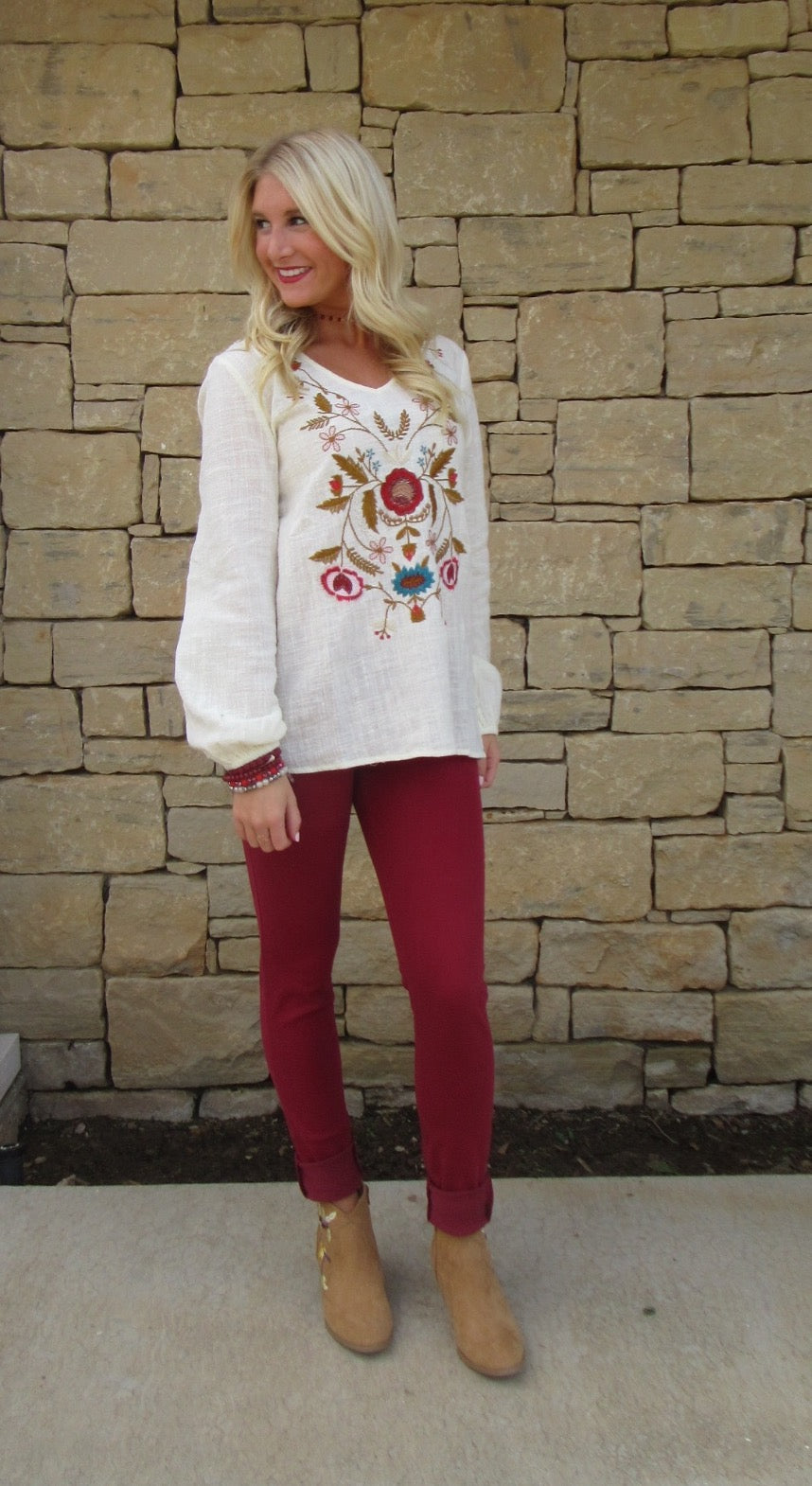 MADRID Embroidered Floral V-Neck Gauze Top