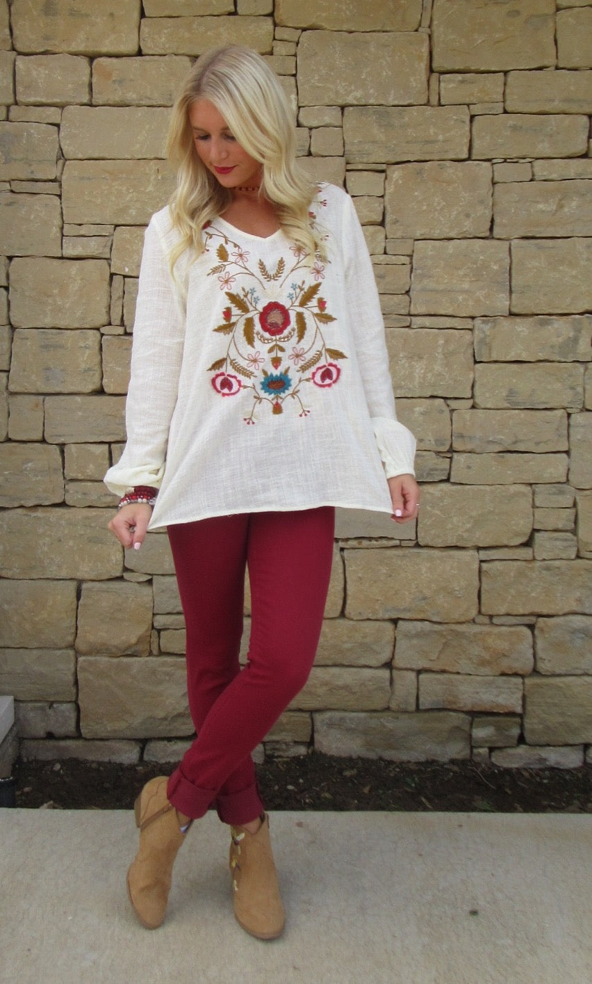 MADRID Embroidered Floral V-Neck Gauze Top