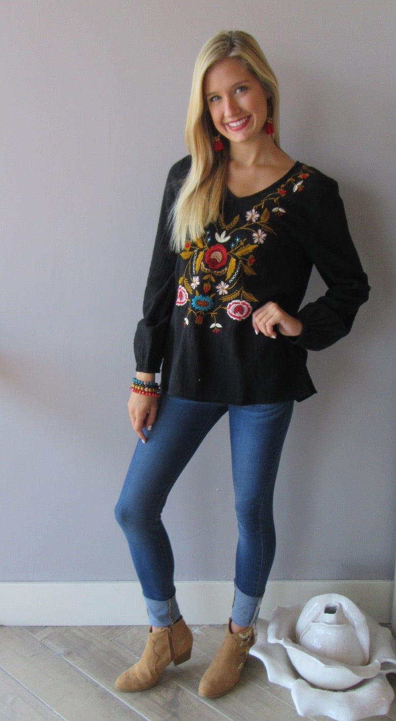 MADRID Embroidered Floral V-Neck Gauze Top