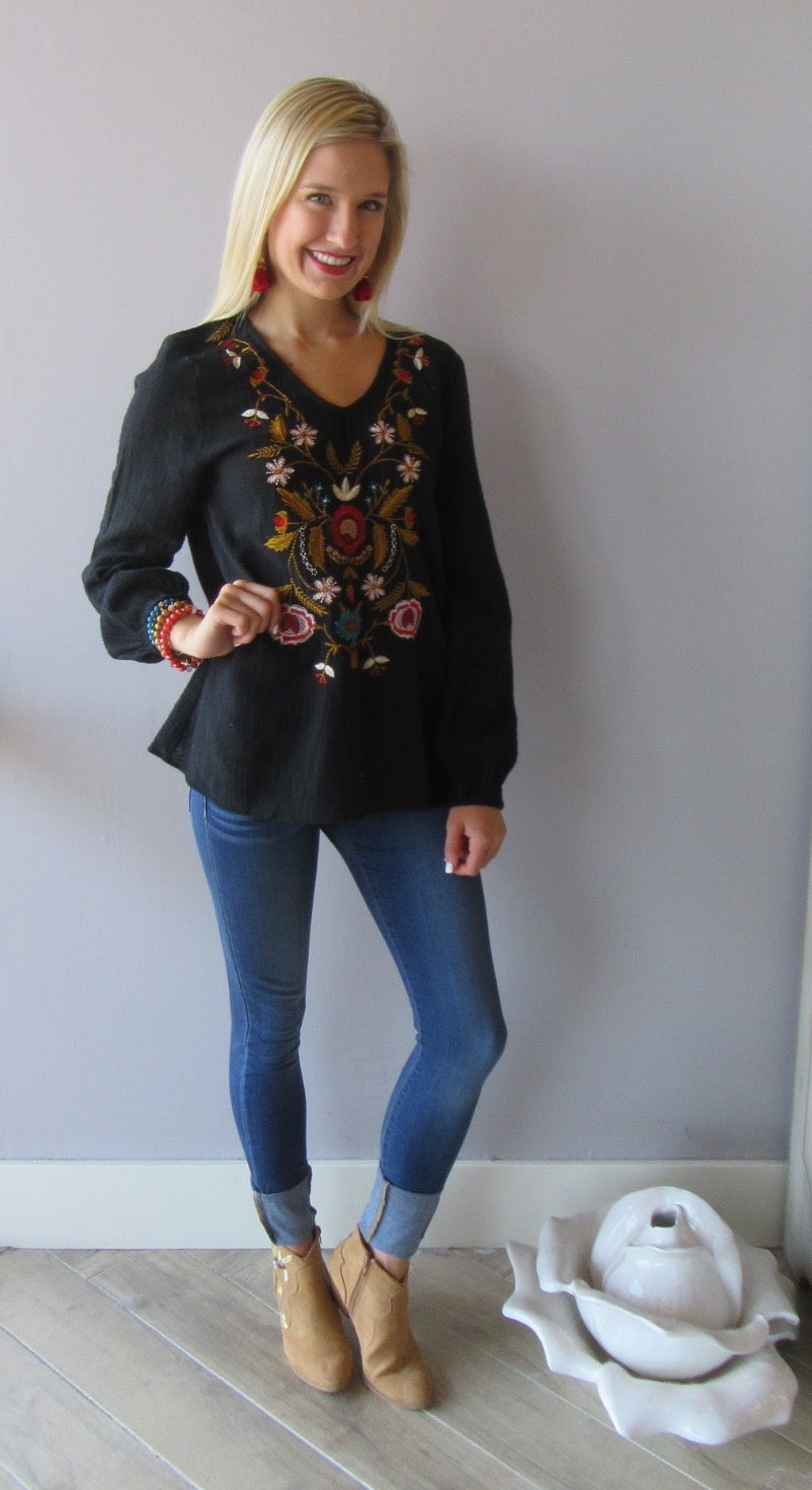 MADRID Embroidered Floral V-Neck Gauze Top