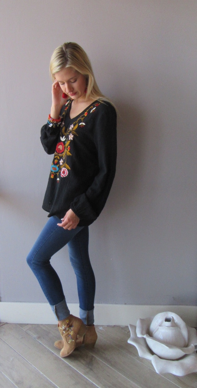 MADRID Embroidered Floral V-Neck Gauze Top