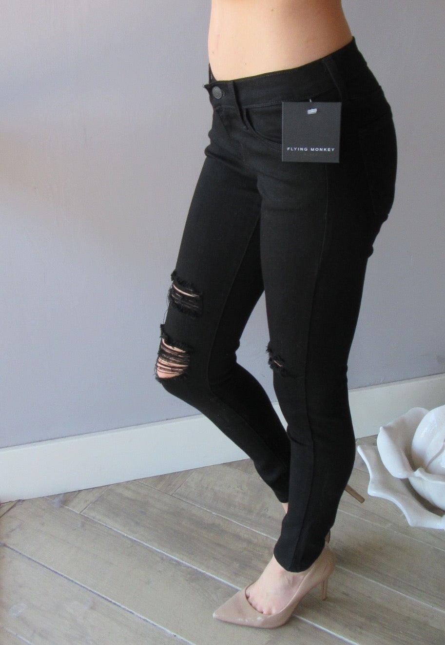 FLYING MONKEY MidRise OPTIC BLACK Distressed Skinny Jean