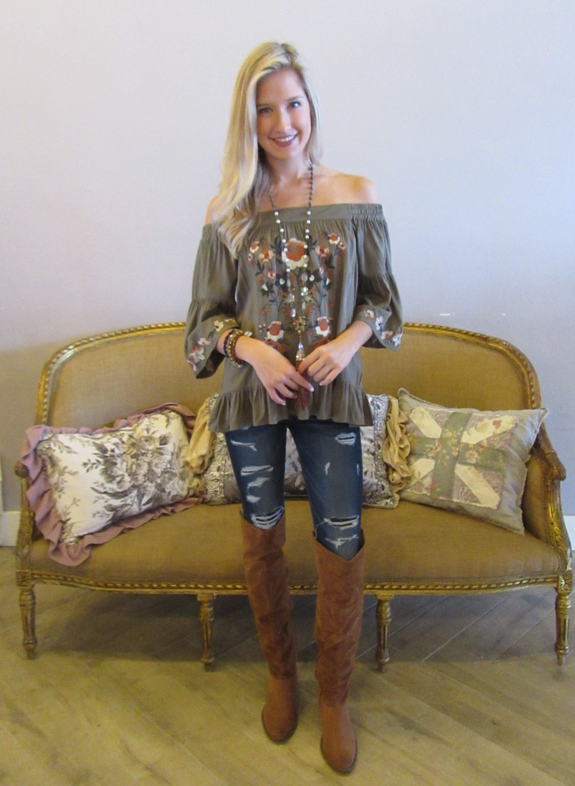 BRIGHT SIDE Embroidered Floral OffShoulder RuffleHem Top