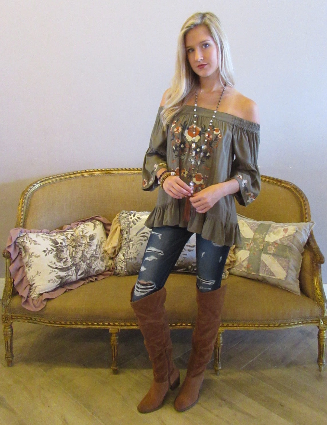 BRIGHT SIDE Embroidered Floral OffShoulder RuffleHem Top