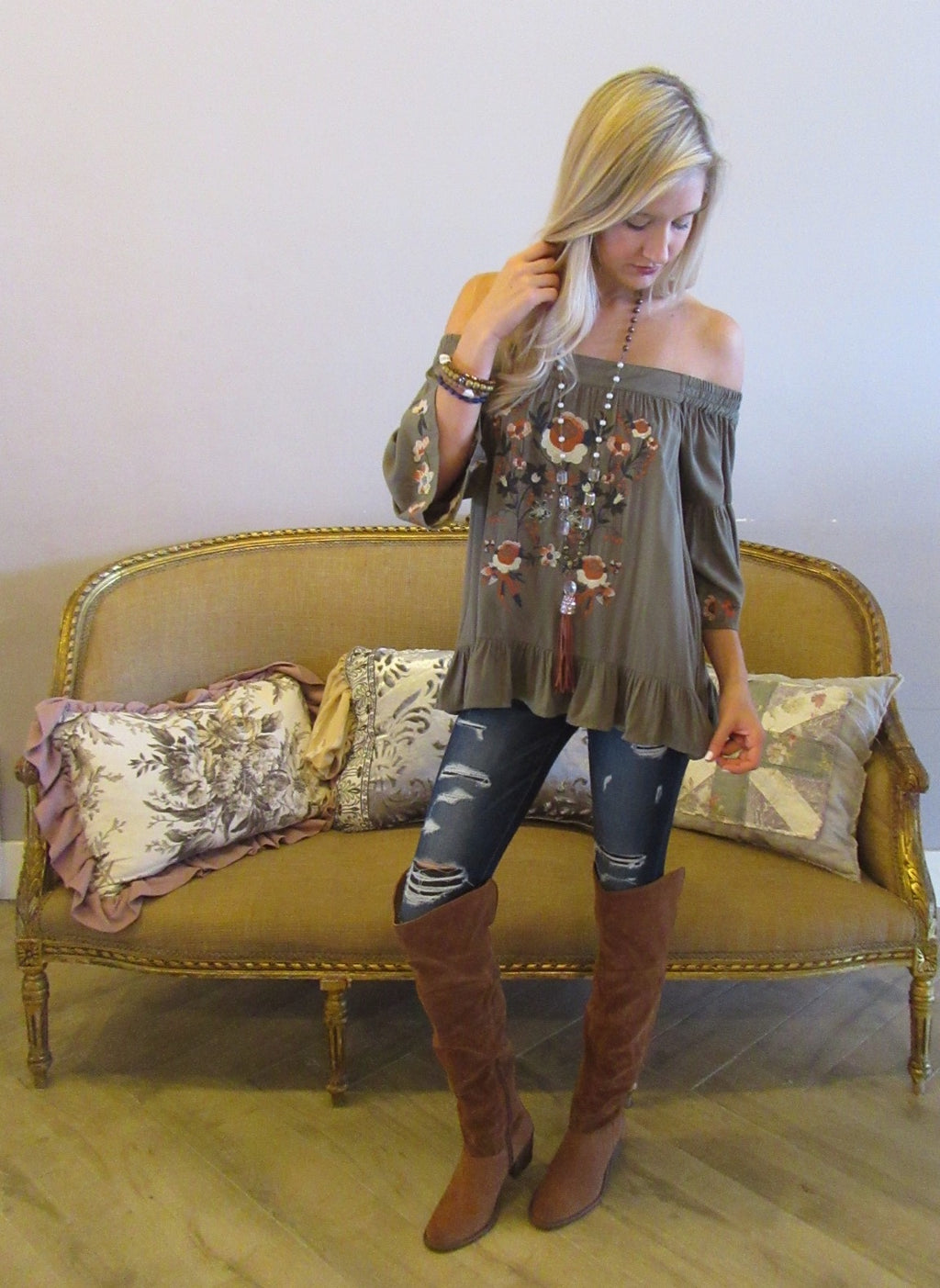 BRIGHT SIDE Embroidered Floral OffShoulder RuffleHem Top