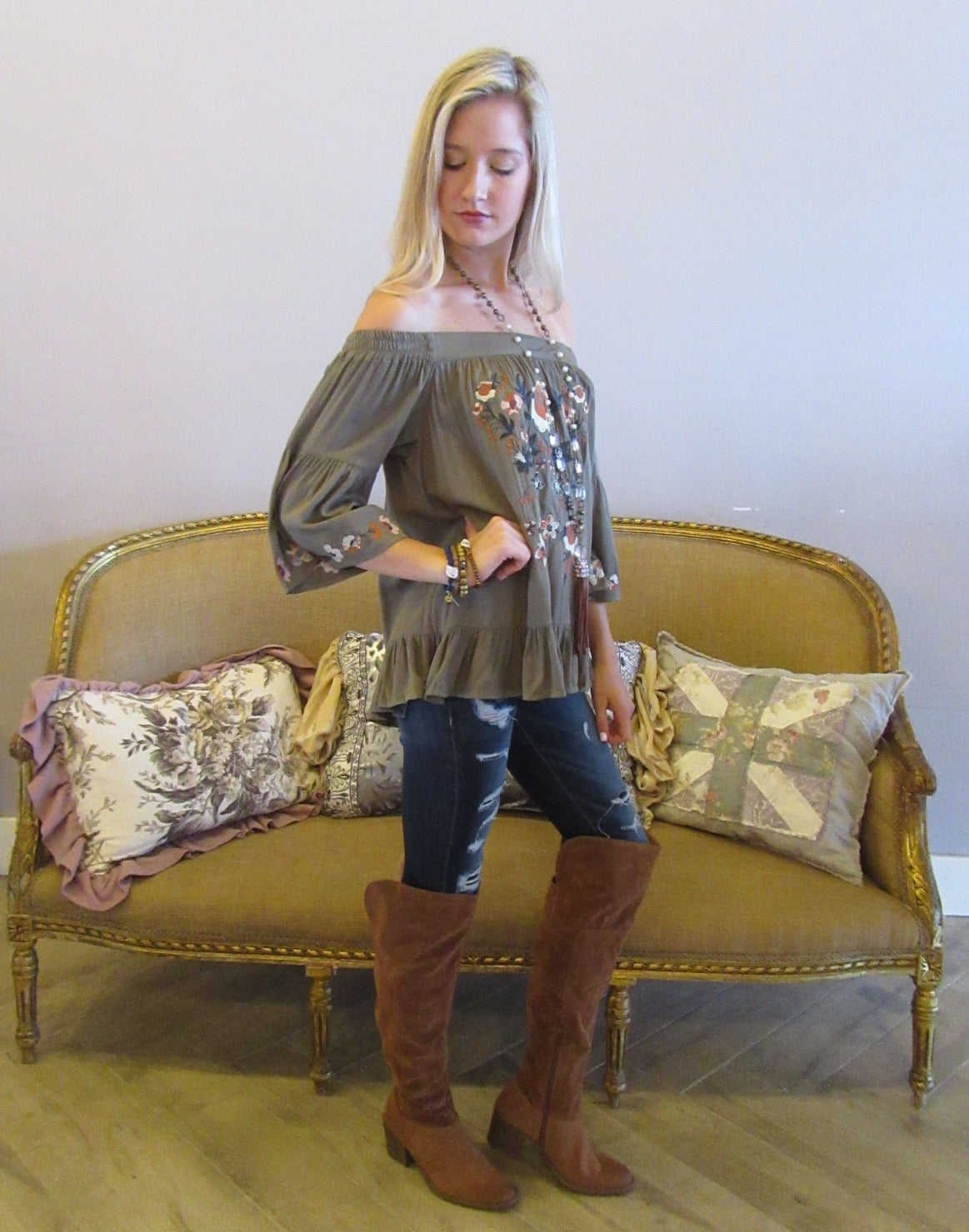 BRIGHT SIDE Embroidered Floral OffShoulder RuffleHem Top