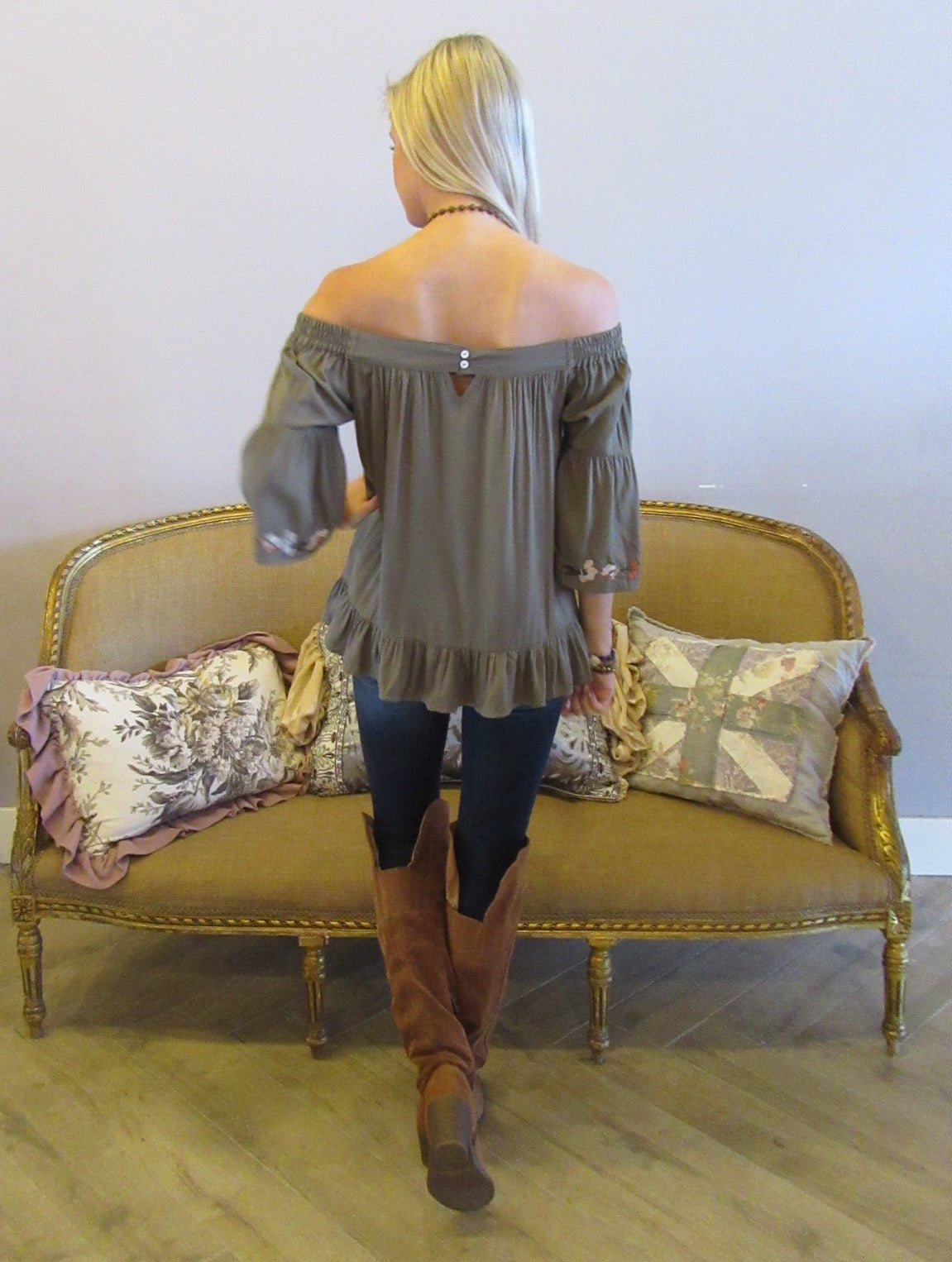 BRIGHT SIDE Embroidered Floral OffShoulder RuffleHem Top