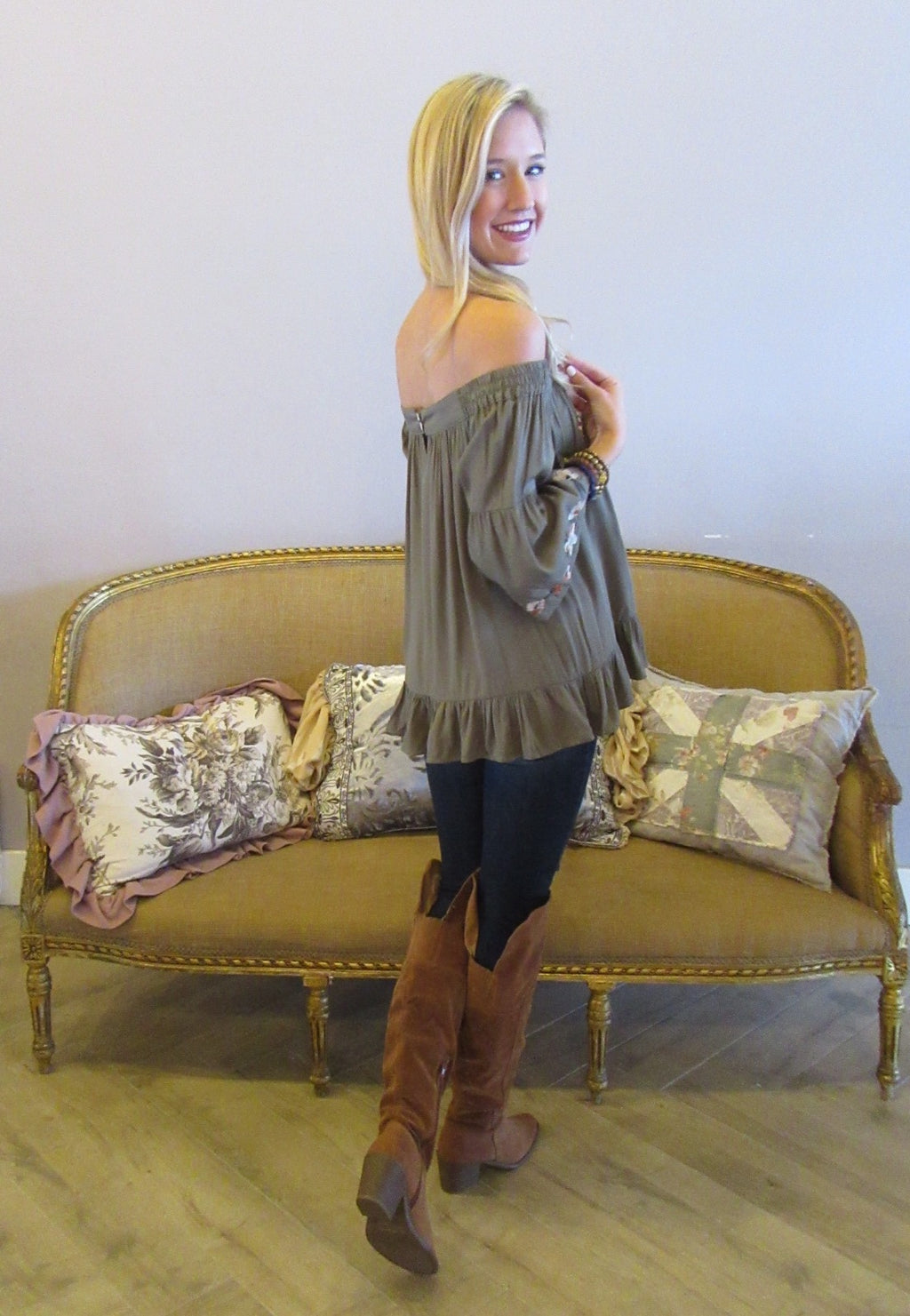 BRIGHT SIDE Embroidered Floral OffShoulder RuffleHem Top