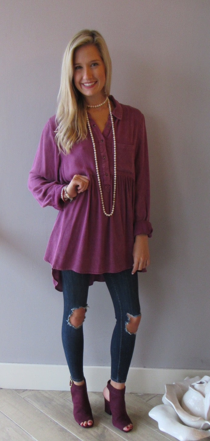 FLOODGATES MineralWash ButtonDown Babydoll Collared Top