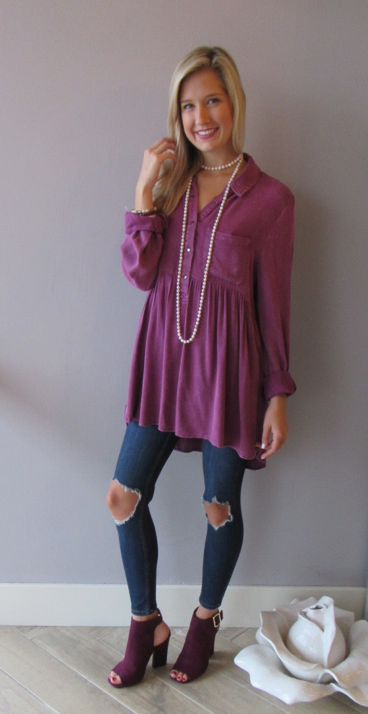 FLOODGATES MineralWash ButtonDown Babydoll Collared Top