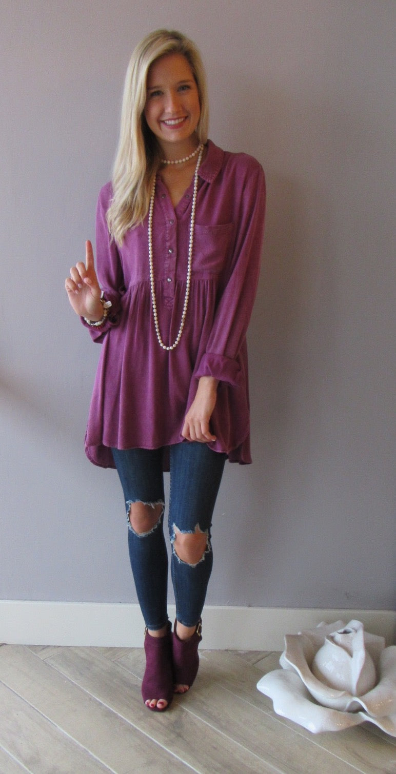 FLOODGATES MineralWash ButtonDown Babydoll Collared Top