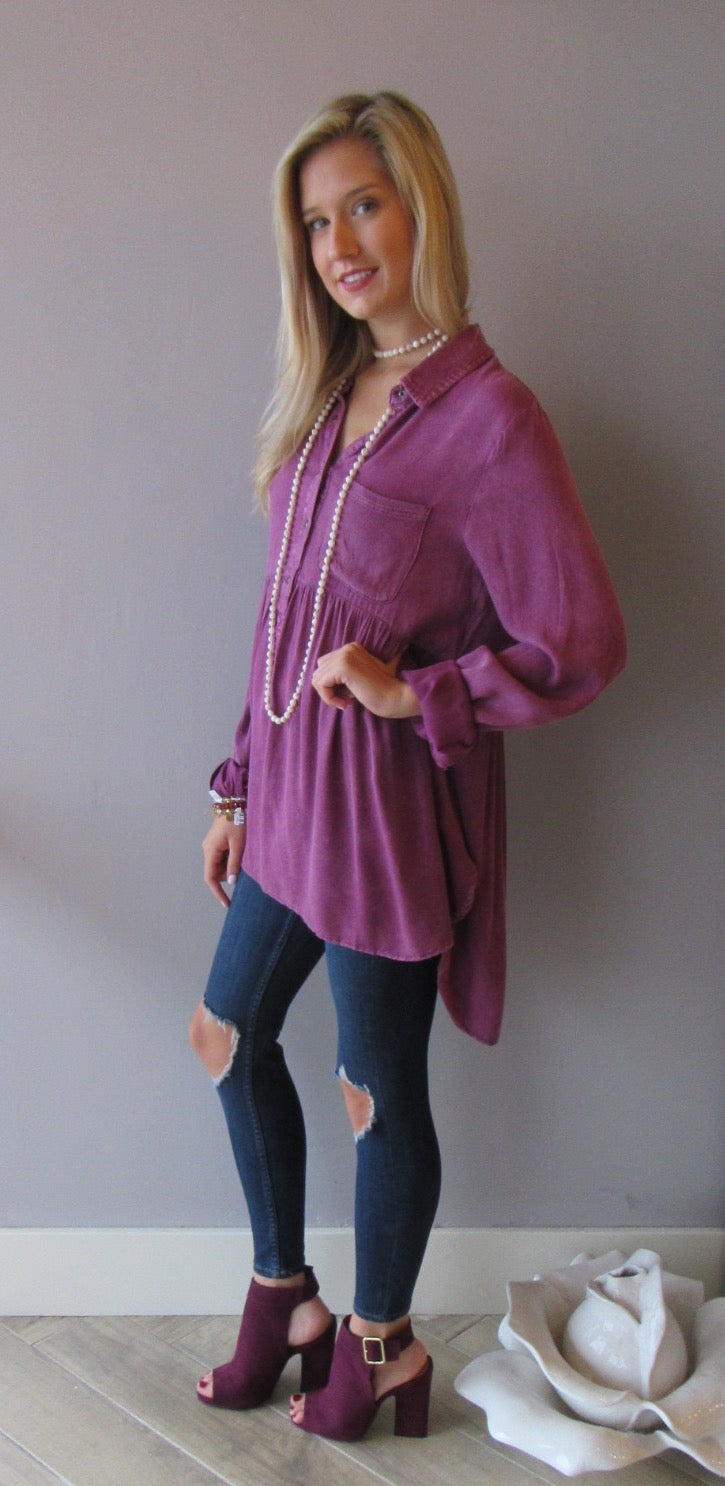 FLOODGATES MineralWash ButtonDown Babydoll Collared Top