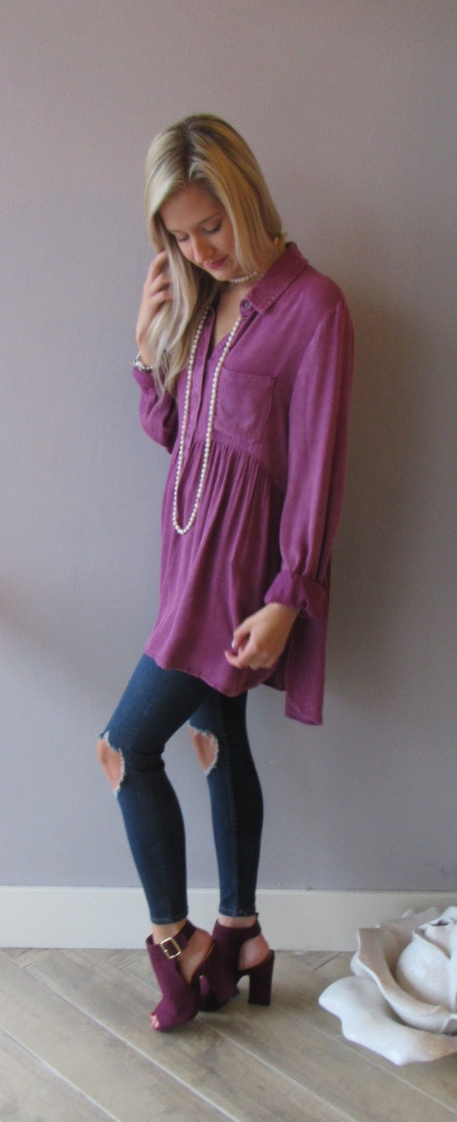 FLOODGATES MineralWash ButtonDown Babydoll Collared Top