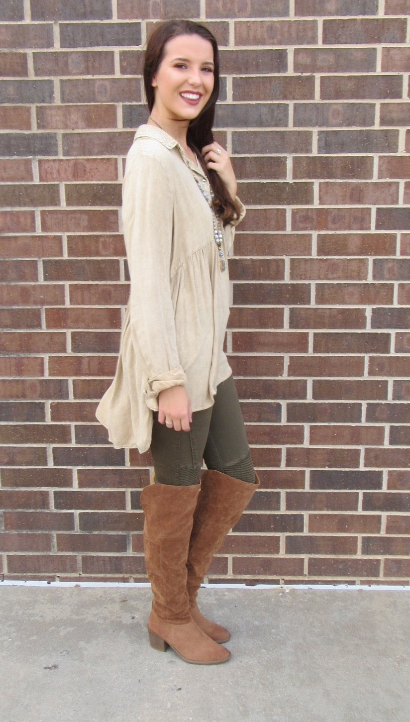 FLOODGATES MineralWash ButtonDown Babydoll Collared Top