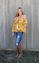 GRAND Embroidered Ruffled OffShoulder Top