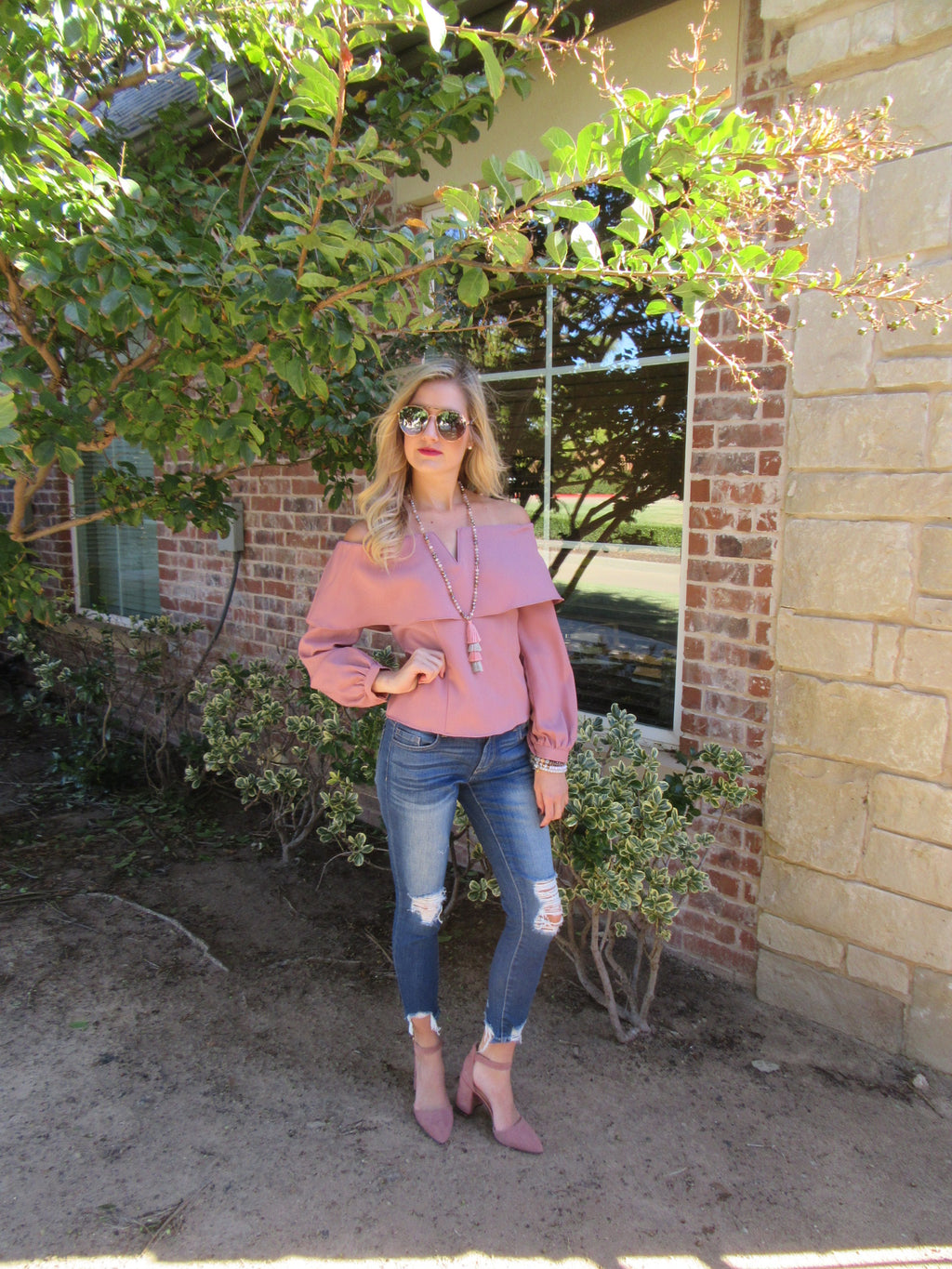 DUCHESS Layered OffShoulder V-Cutout LongSleeve Top