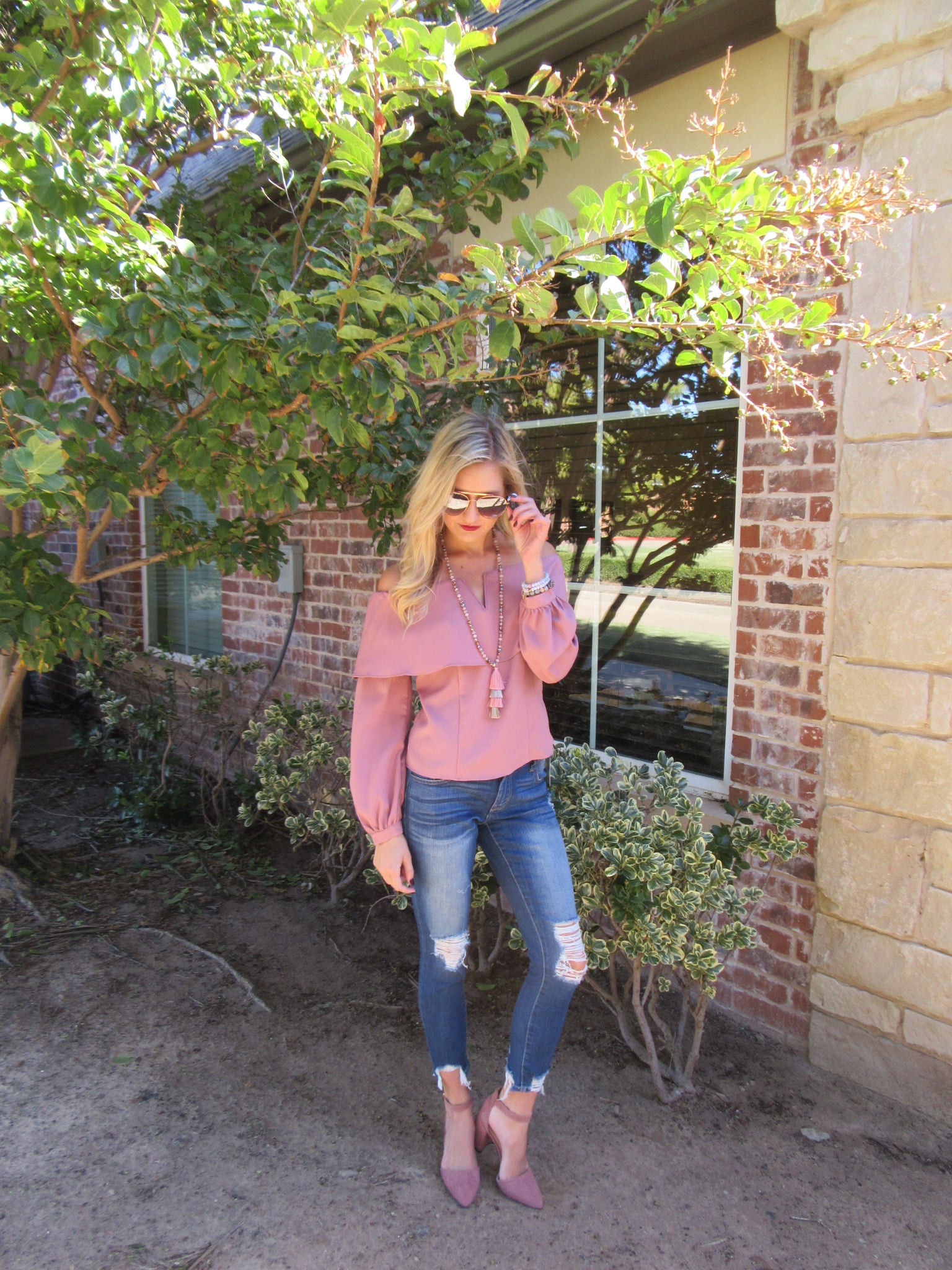 DUCHESS Layered OffShoulder V-Cutout LongSleeve Top