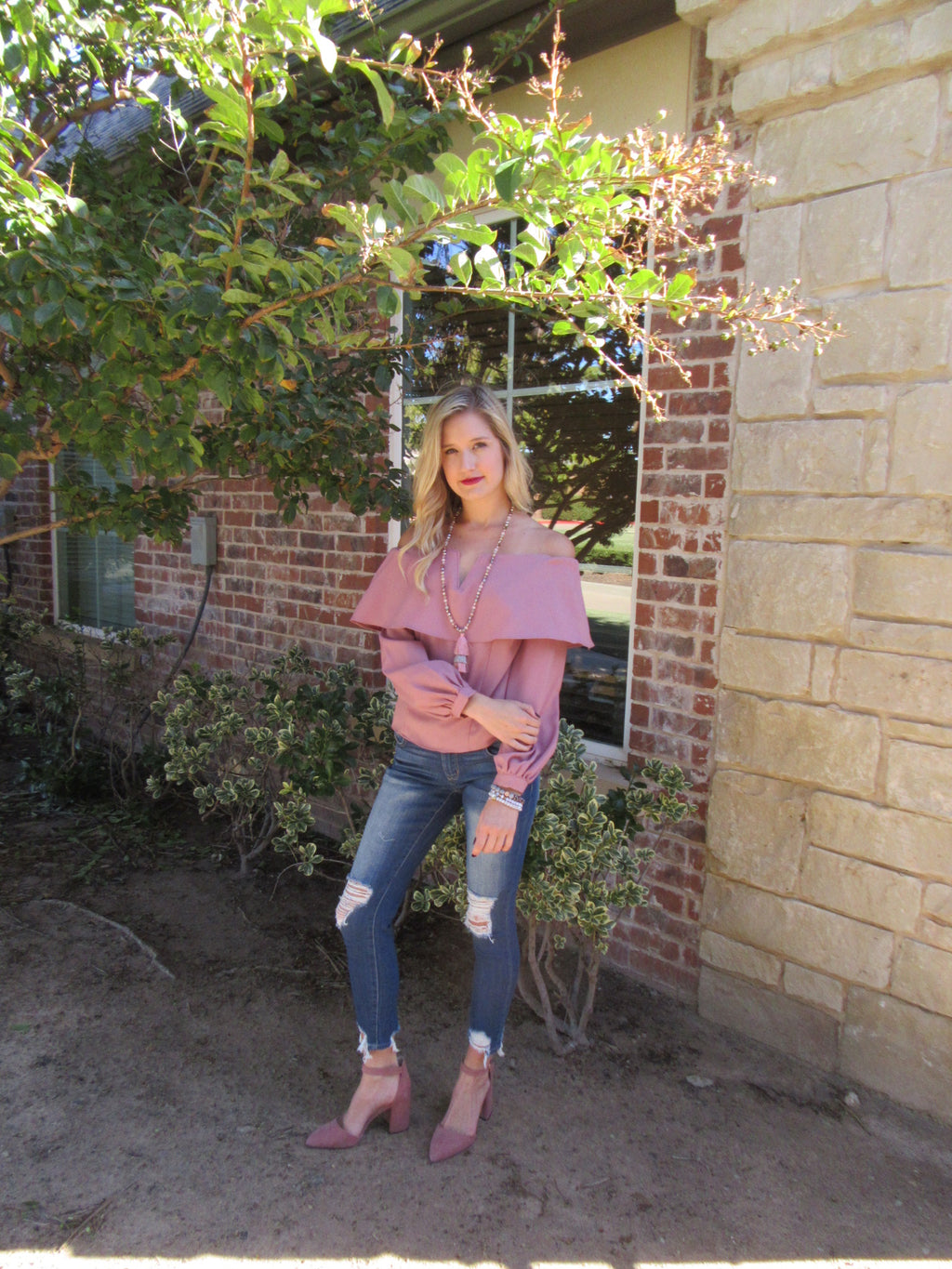 DUCHESS Layered OffShoulder V-Cutout LongSleeve Top