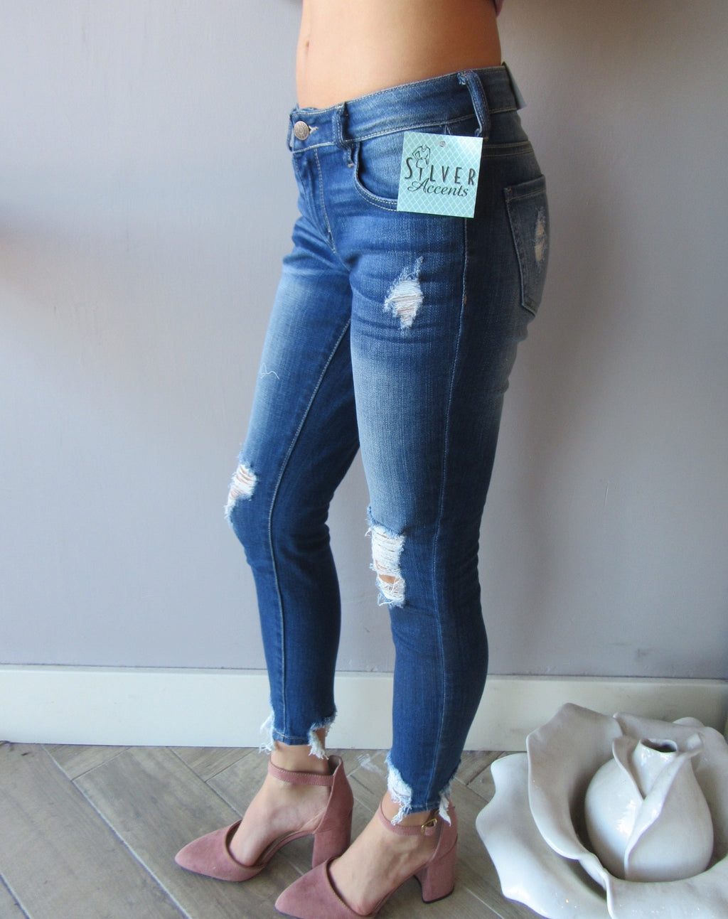 CITY LIFE Midrise Open Destructed Ankle Skinny Jean