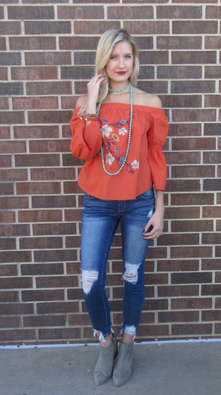 Flying Tomato DURANGO Embroidered Floral OffShoulder Poplin Top