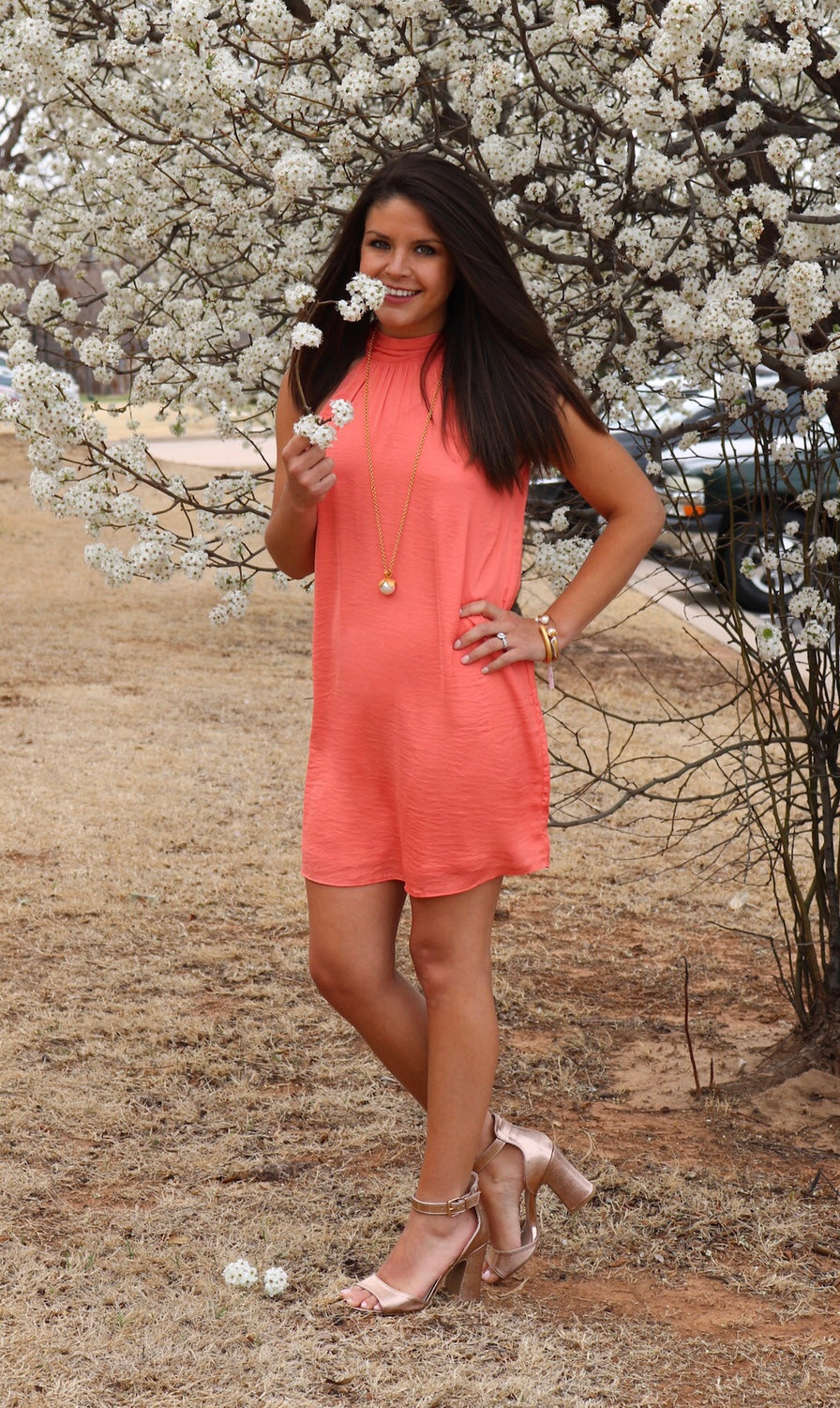 SUNSET Mock TieNeck Matte Satin Dress