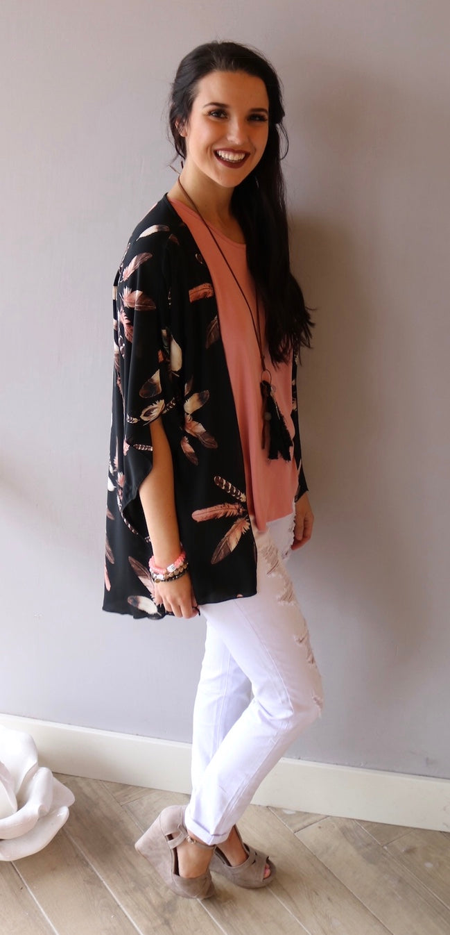 AUGUSTA FeatherPrint Kimono Cardigan Top