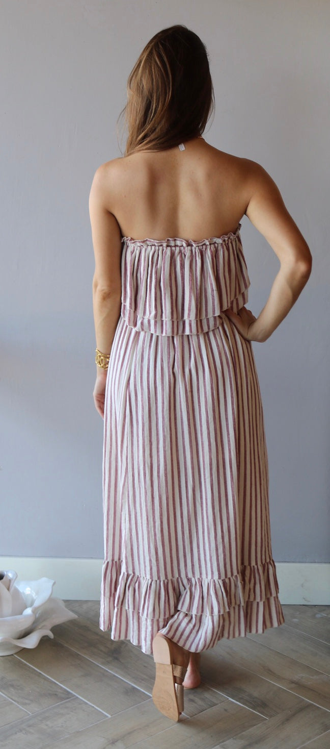 LOUVRE 2pc Stripe Layered Strapless Top/ HiSlit RuffleHem Maxi Skirt Set