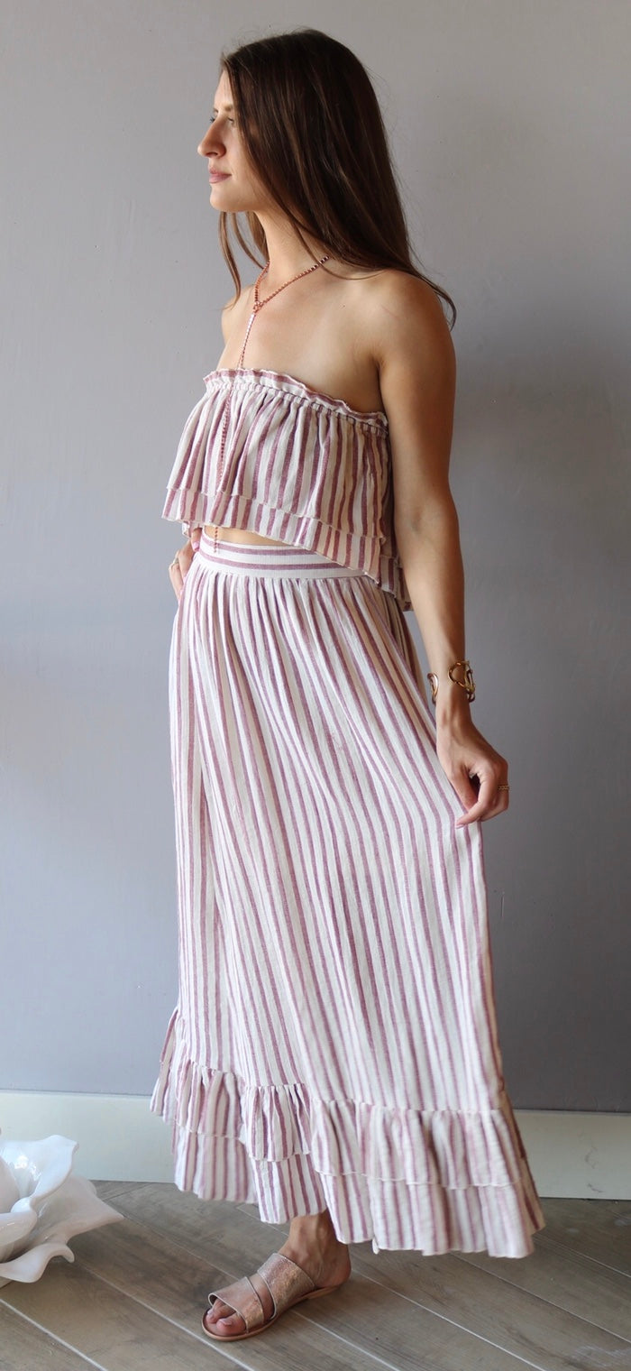 LOUVRE 2pc Stripe Layered Strapless Top/ HiSlit RuffleHem Maxi Skirt Set