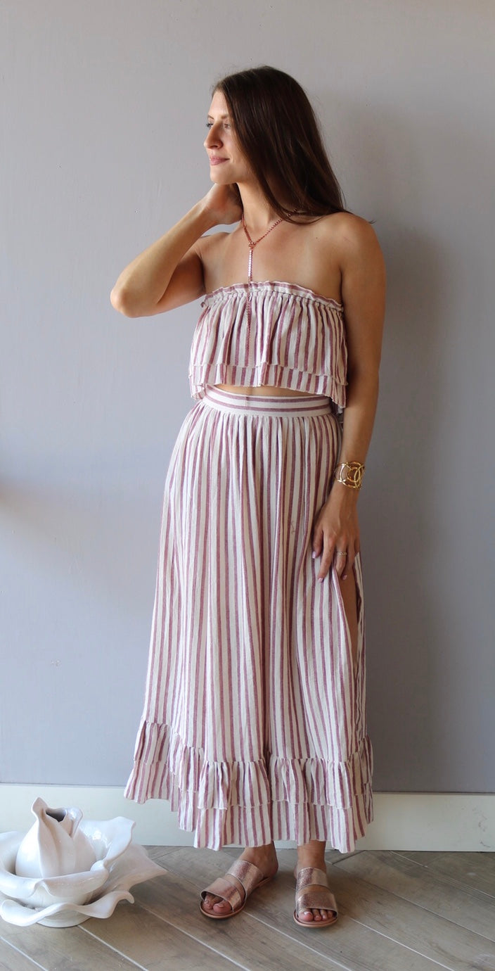 LOUVRE 2pc Stripe Layered Strapless Top/ HiSlit RuffleHem Maxi Skirt Set