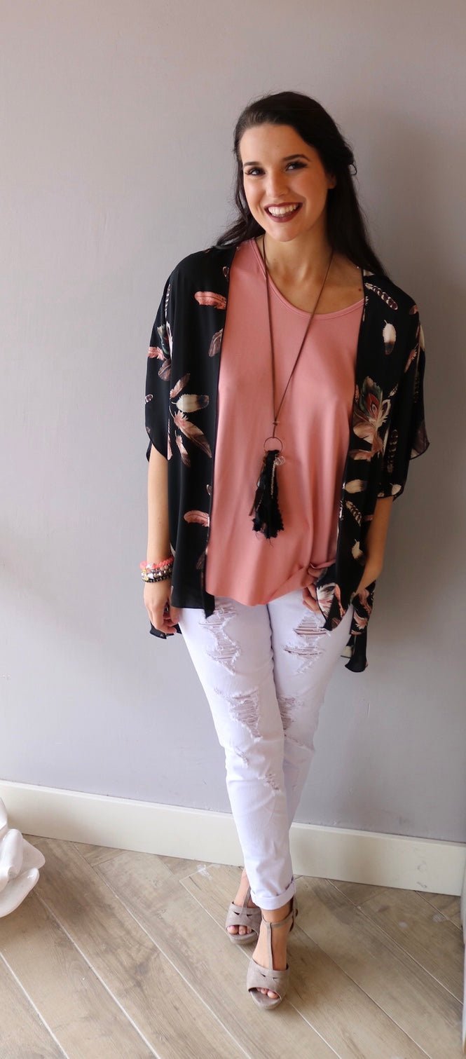 AUGUSTA FeatherPrint Kimono Cardigan Top