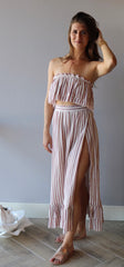 LOUVRE 2pc Stripe Layered Strapless Top/ HiSlit RuffleHem Maxi Skirt Set