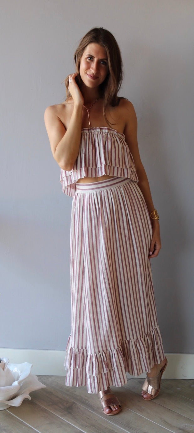 LOUVRE 2pc Stripe Layered Strapless Top/ HiSlit RuffleHem Maxi Skirt Set