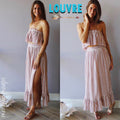 LOUVRE 2pc Stripe Layered Strapless Top/ HiSlit RuffleHem Maxi Skirt Set