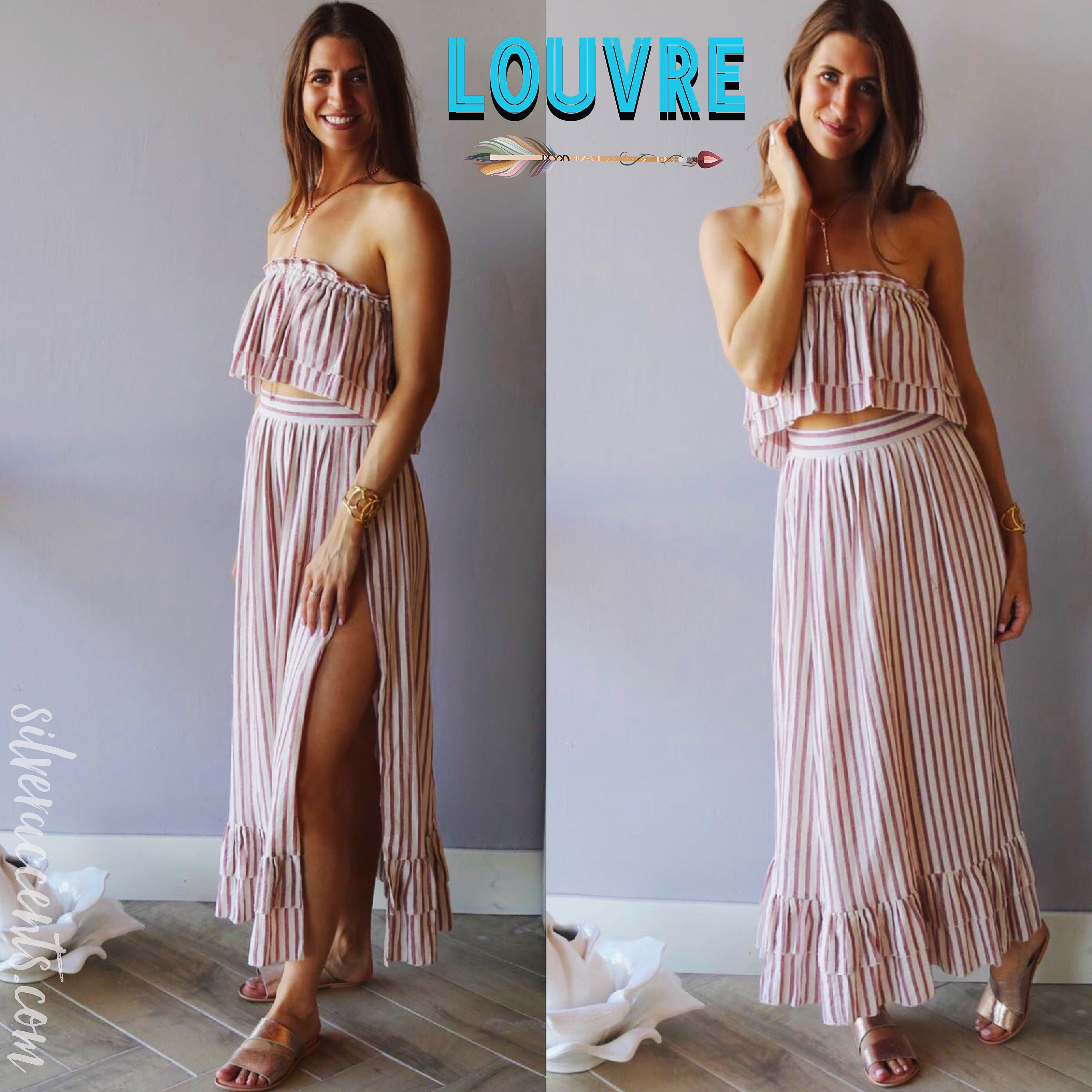 LOUVRE 2pc Stripe Layered Strapless Top/ HiSlit RuffleHem Maxi Skirt Set