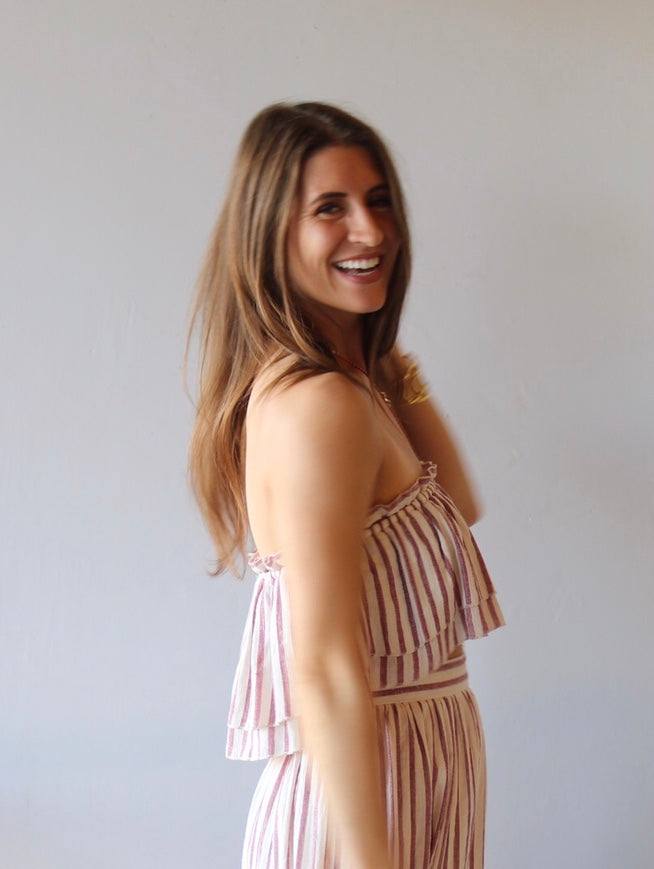 LOUVRE 2pc Stripe Layered Strapless Top/ HiSlit RuffleHem Maxi Skirt Set